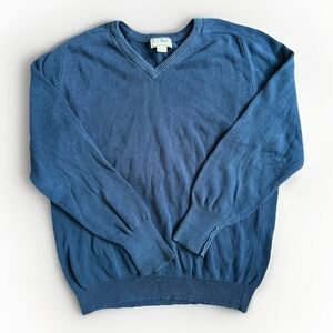 Vintage LL Bean Sweater Mens Med Tall Blue Cotton V Neck Pullover Knit USA Made